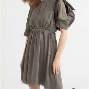 dark khaki green chiffon drawstring waist dress